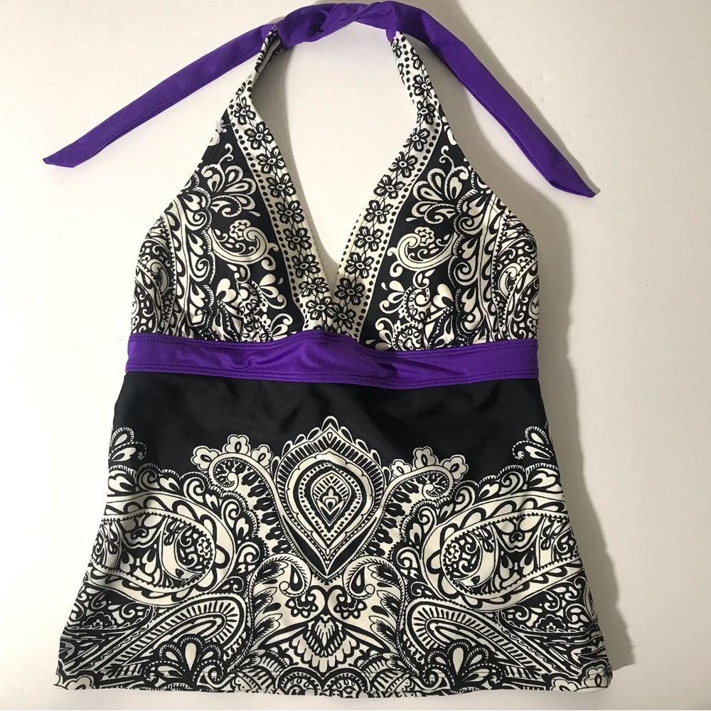 Athleta Black and White Paisley Swim Top with Purple Straps